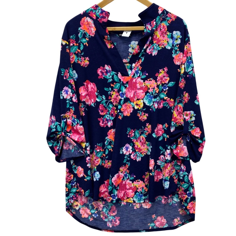 Heimish USA Floral Tunic Blouse Womens 3XL Navy Pink 3/4 Roll Tab High Low Hem